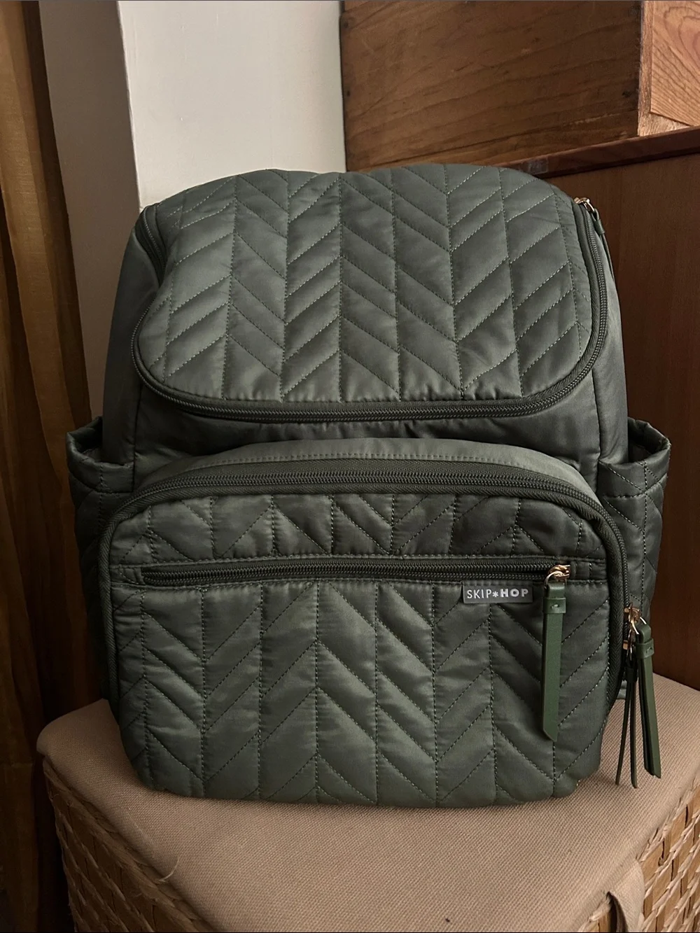 Skip Hop Quilted Olive Backpack with Front Pocket